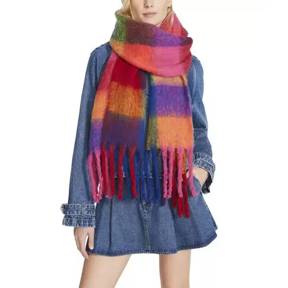 Steve Madden Women's Brushed Plaid Blanket Wrap Scarf Multicolor Winter OSFM - Picture 1 of 5